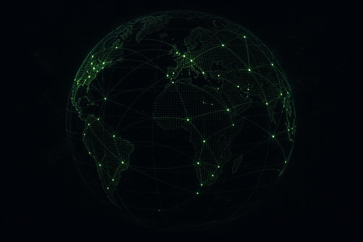 Abstract artwork of a wireframe globe with glowing edge nodes