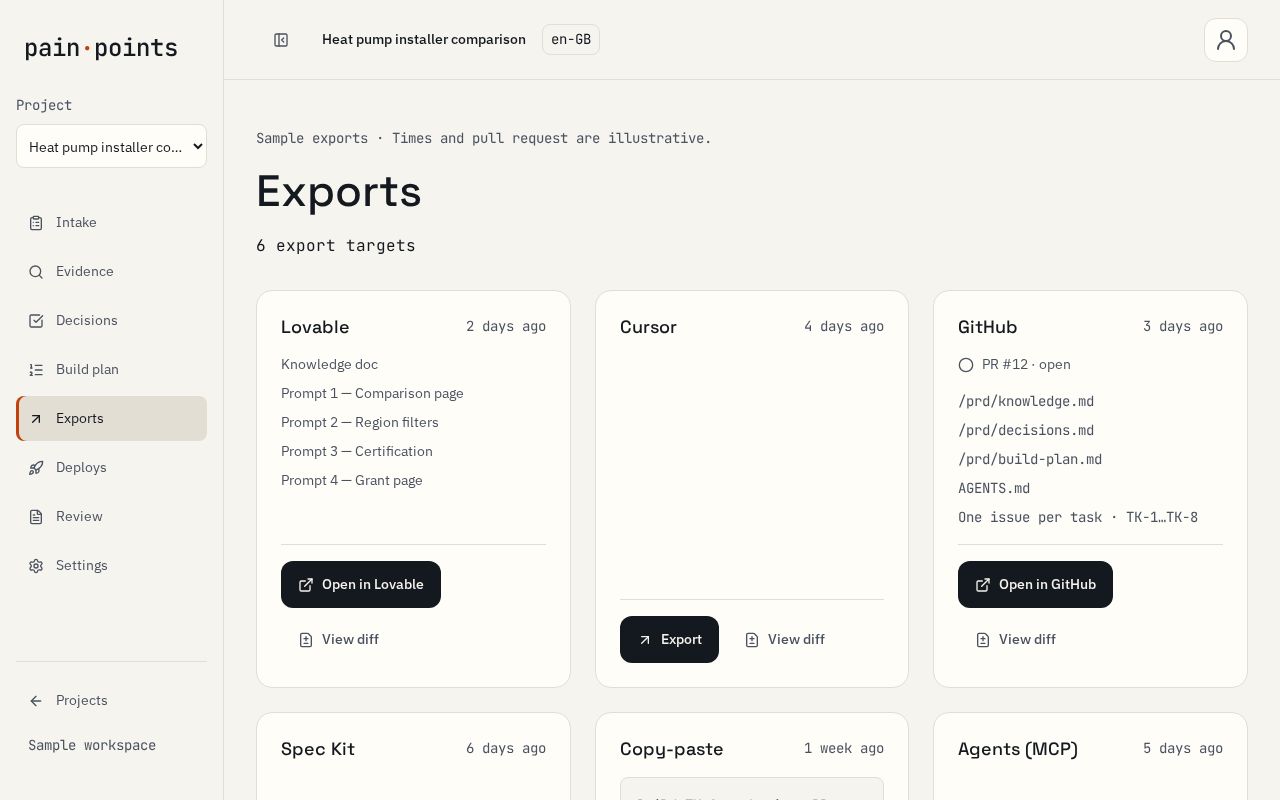 Exports tab with Open in Lovable